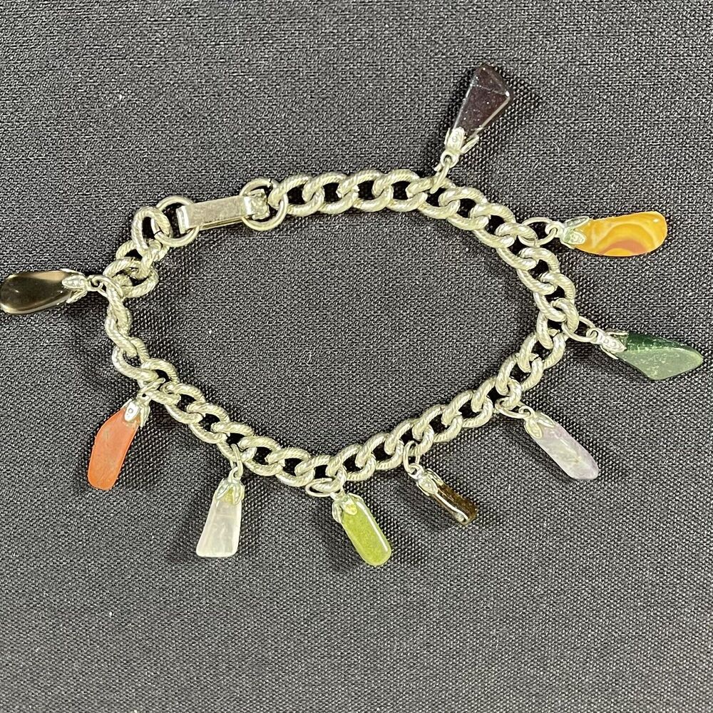 Vintage Natural Stones Apache Tears Charms Silver Tone Bracelet 6.25” Jasper
